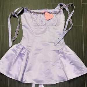 Sugar Thrillz Lilac Satin Dress with Floral Trim